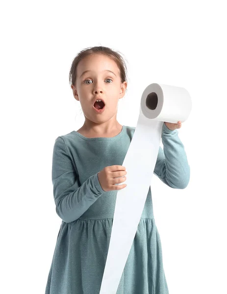 Shocked Little Girl Toilet Paper White Background — Stock Photo, Image