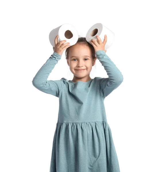 Funny Little Girl Rolls Toilet Paper White Background — Stock Photo, Image