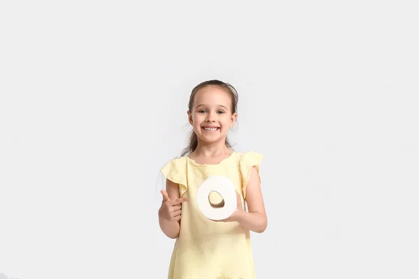 Cute Little Girl Pointing Toilet Paper Light Background — Stock Photo, Image