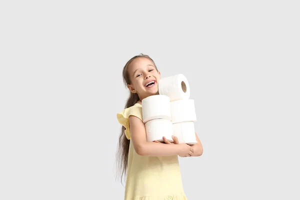 Cute Little Girl Rolls Toilet Paper Light Background — Stock Photo, Image