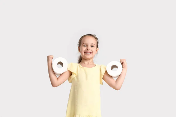 Funny Little Girl Rolls Toilet Paper Light Background — Stock Photo, Image