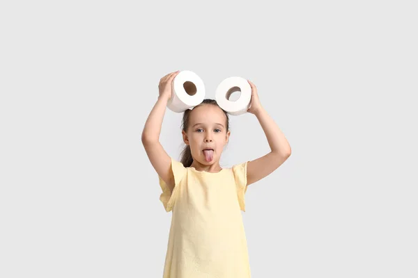 Funny Little Girl Rolls Toilet Paper Light Background — Stock Photo, Image