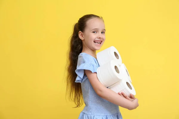 Funny Little Girl Rolls Toilet Paper Yellow Background — Stock Photo, Image