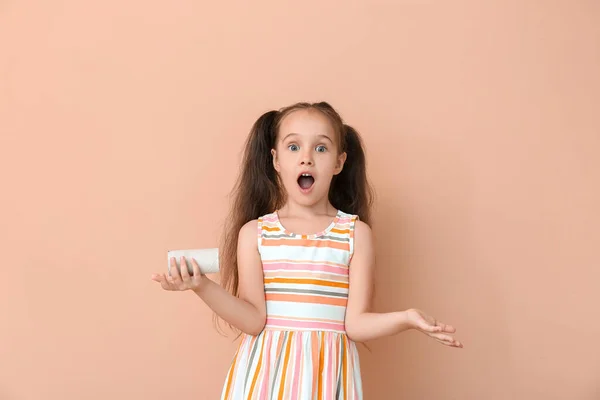 Shocked Little Girl Out Toilet Paper Beige Background — Stock Photo, Image