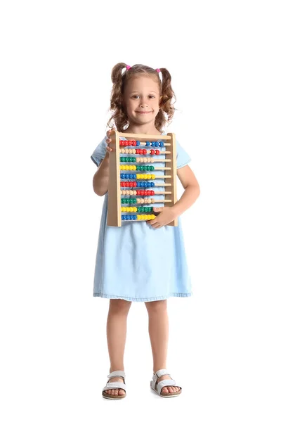 Funny Little Girl Abacus White Background — Stock Photo, Image