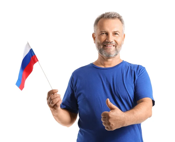 Schöner Reifer Mann Mit Der Flagge Russlands Die Den Daumen — Stockfoto