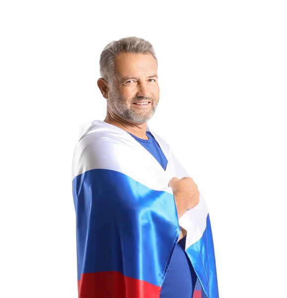 Schöner Reifer Mann Mit Der Flagge Russlands Auf Weißem Hintergrund — Stockfoto