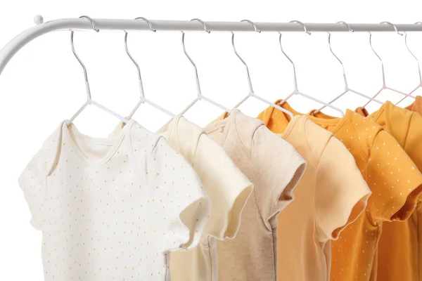 Rack Different Baby Bodysuits White Background — Stock Photo, Image