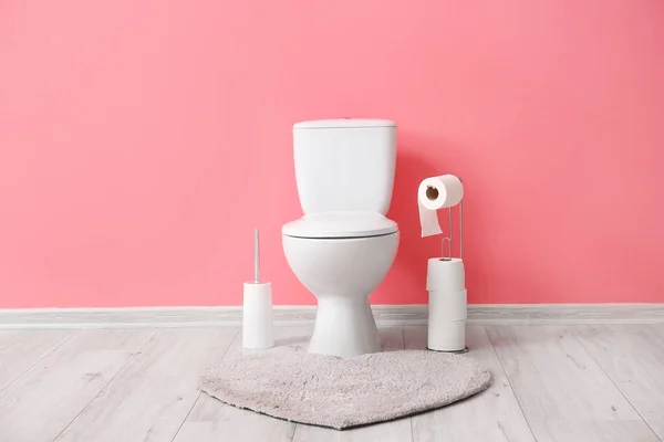 Holder Rolls Paper Brush Toilet Bowl Pink Wall — Stock Photo, Image