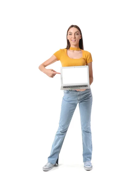Pretty Brunette Woman Pointing Laptop White Background — Stock Photo, Image
