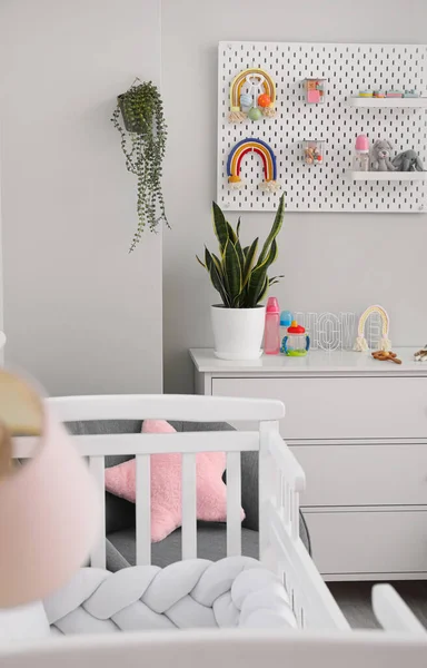 Interior Stylish Children Room Crib Commode Pegboard — Stock Photo, Image