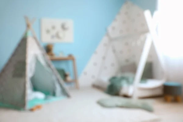 Vue Floue Chambre Des Enfants Avec Tente Jeu Table Pegboard — Photo