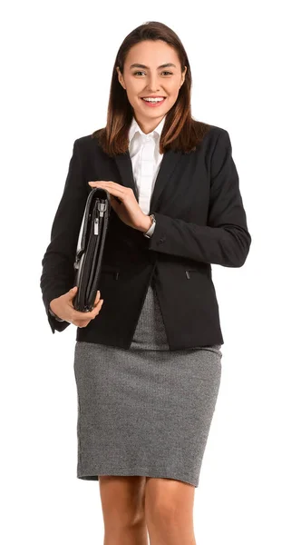 Hübsche Geschäftsfrau Mit Aktentasche Auf Weißem Hintergrund — Stockfoto