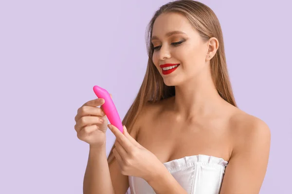 Attractive Woman Toy Sex Shop Color Background — Zdjęcie stockowe