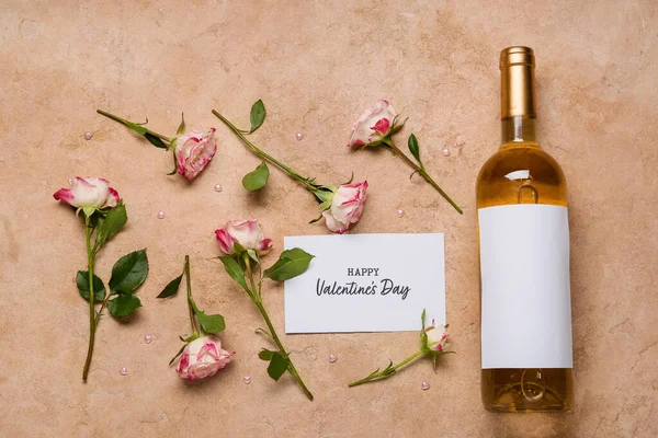 Composition Bottle Wine Card Roses Valentine Day Color Background — Stock Photo, Image
