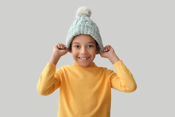 Cute Little African American Boy Winter Clothes Grey Background — Stock Photo, Image