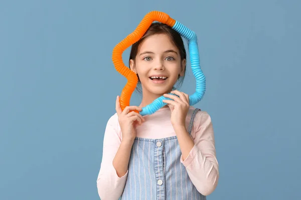 Happy Little Girl Pop Tubes Blue Background — Stock Photo, Image