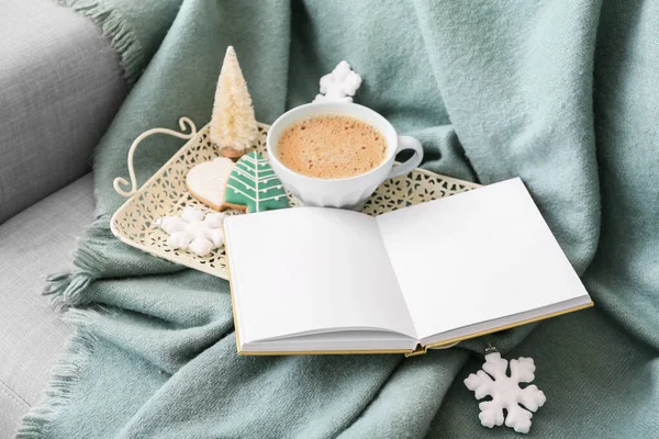 Opened Book Blank Pages Cup Coffee Christmas Decor Sofa — Stock Photo, Image
