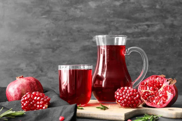 Glass Jug Delicious Pomegranate Juice Black Background — Stock Photo, Image