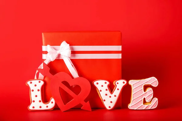 Dia Dos Namorados Presente Palavra Amor Fundo Cor — Fotografia de Stock