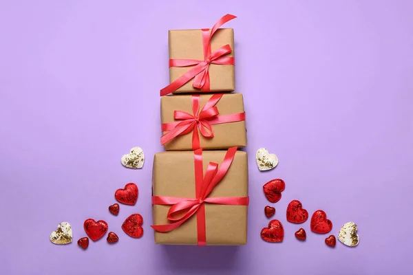 День Святого Валентина Подарки Слушает Цветном Фоне — стоковое фото
