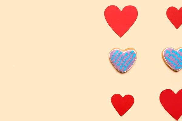 Valentijnsdag Verschillende Hartvormige Koekjes Kleur Achtergrond — Stockfoto
