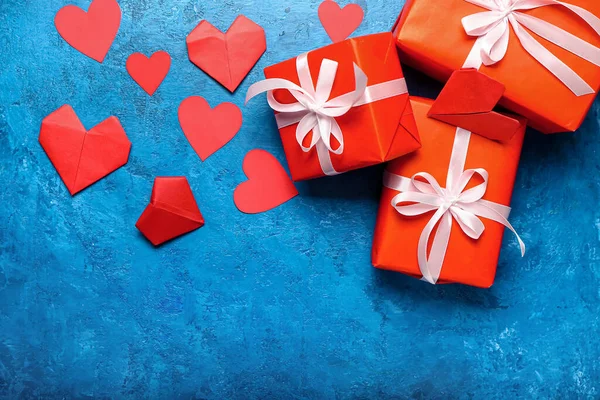 День Святого Валентина Подарунки Серця Фоні Кольору — стокове фото