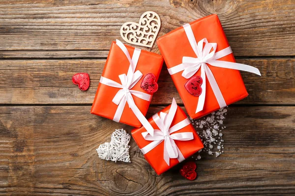 Gifts Decorative Hearts Wooden Background Valentine Day Celebration — Stock Photo, Image