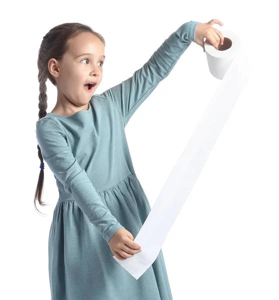 Surprised Little Girl Toilet Paper White Background — Stock Photo, Image