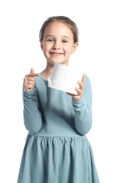 Cute Little Girl Pointing Toilet Paper White Background — Stock Photo, Image
