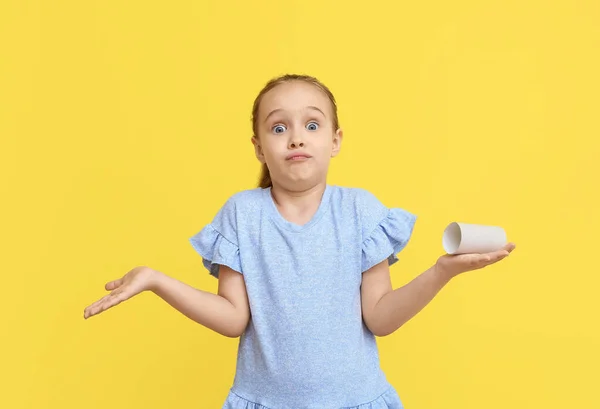 Confused Little Girl Out Toilet Paper Yellow Background — Stock Photo, Image