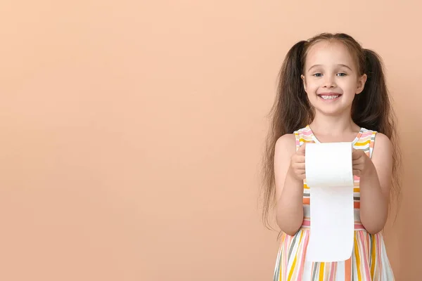 Funny Little Girl Ponytails Holding Roll Toilet Paper Beige Background — Stock Photo, Image