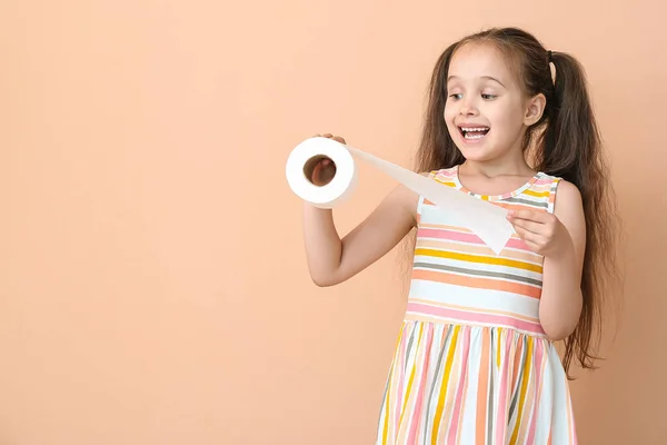 Funny Little Girl Ponytails Holding Roll Toilet Paper Beige Background — Stock Photo, Image