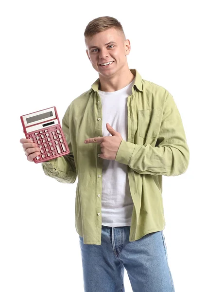 Joven Guapo Apuntando Calculadora Sobre Fondo Blanco — Foto de Stock