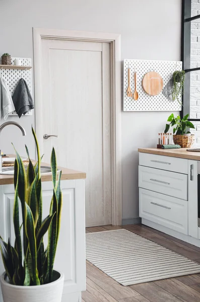 现代化厨房的内部 配有白色柜台 门板和钉板 — 图库照片