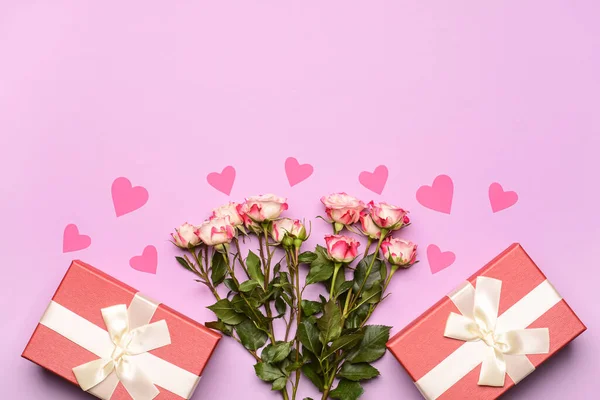 Cadeaus Voor Valentijnsdag Bloemen Roze Achtergrond — Stockfoto