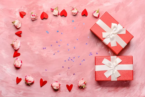 Рамка Подарков Дню Святого Валентина Цветов Розовом Фоне — стоковое фото