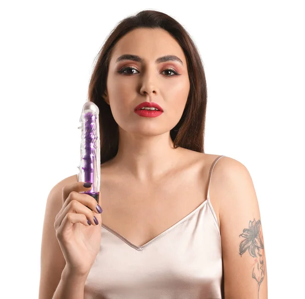 Young Woman Vibrator Sex Shop White Background — Stock Photo, Image