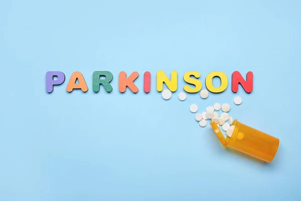 Word Parkinson Tabletták Kék Háttér — Stock Fotó