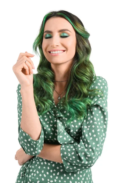 Beautiful Young Woman Unusual Green Hair White Background — Stock Photo, Image