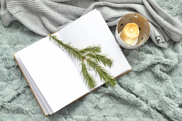 Burning Candle Book Blank Pages Fir Tree Branch Soft Plaid — Stock Photo, Image