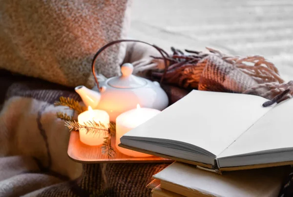 Tray Opened Book Burning Candles Tea Pot Windowsill — Stock Photo, Image