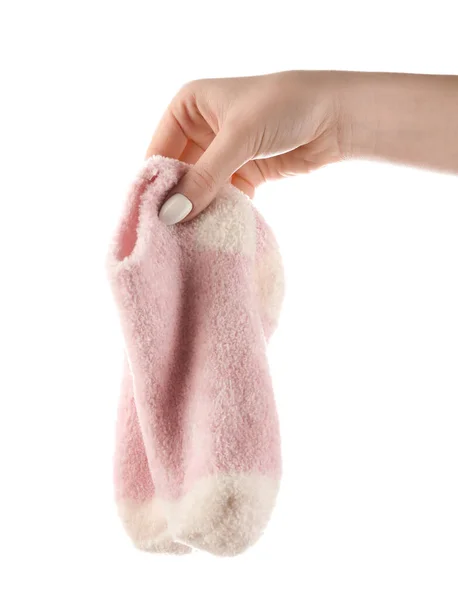 Woman Holding Pair Socks White Background — Stock Photo, Image