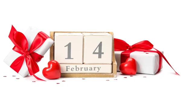 Calendario Con Fecha San Valentín Cajas Regalo Sobre Fondo Blanco — Foto de Stock