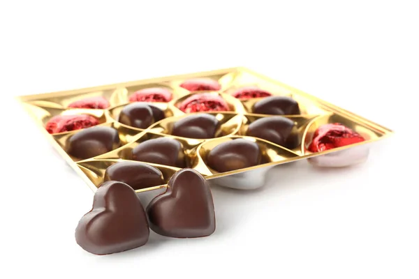 Box Tasty Heart Shaped Candies White Background — Stock Photo, Image