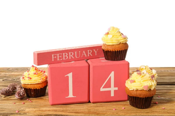Calendrier Avec Date Saint Valentin Délicieux Cupcakes Sur Table Sur — Photo