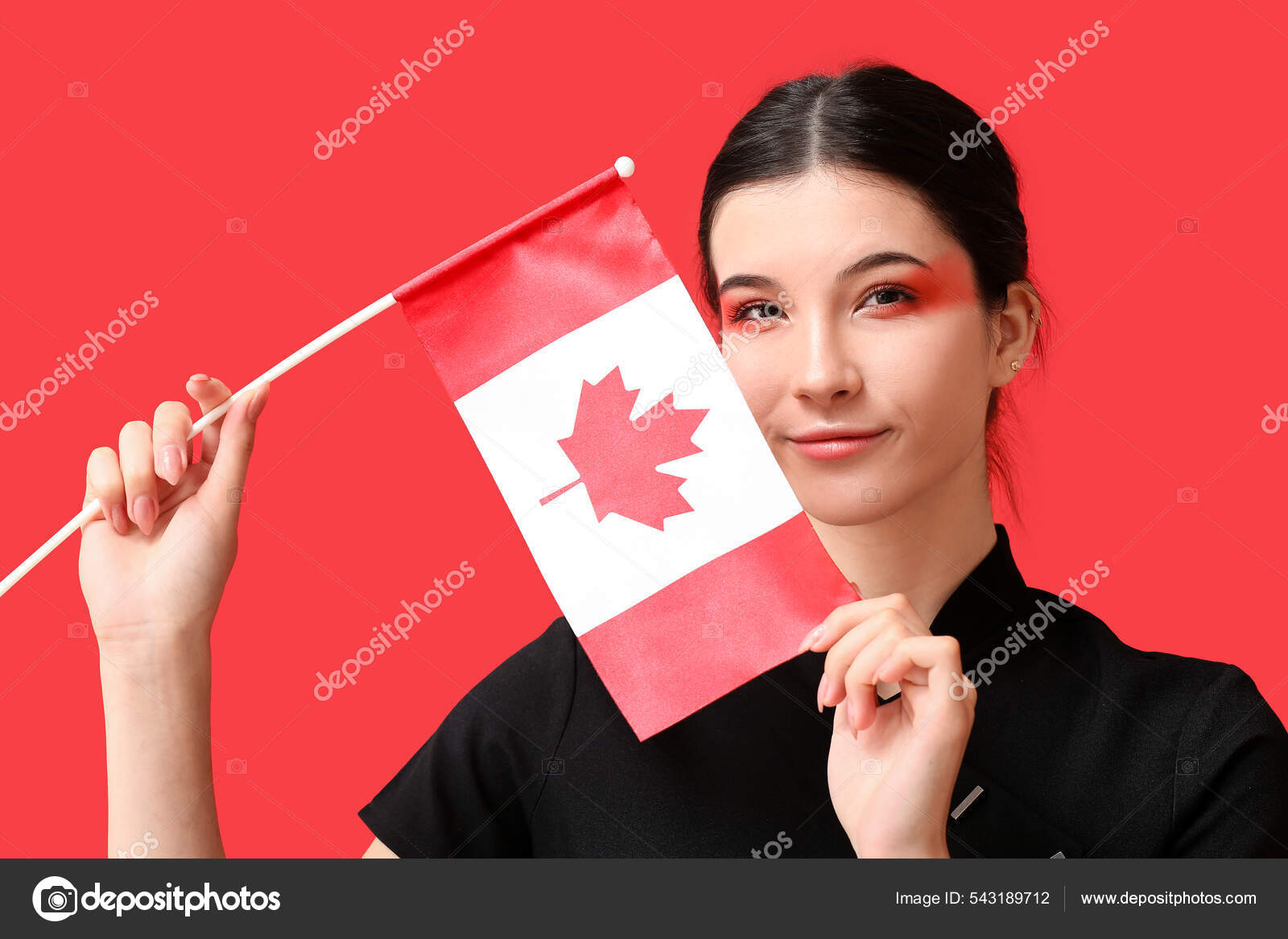 Beautiful Young Woman Canadian Flag Red