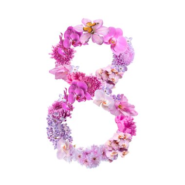 Beyaz arka planda güzel çiçeklerden yapılmış 8 figür