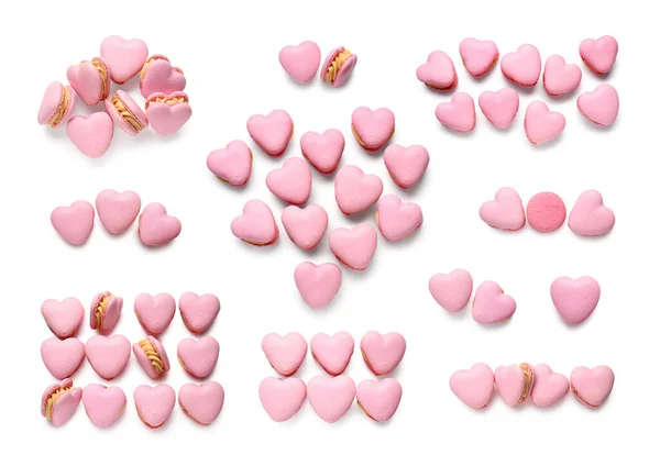 Tasty Heart Shaped Macaroons White Background Top View Valentine Day — Stock Photo, Image