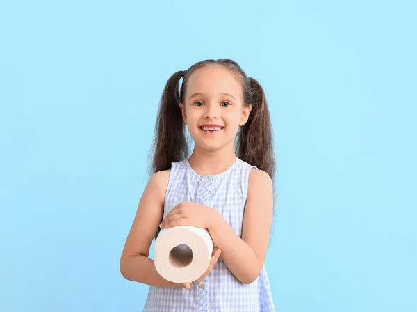 Funny Little Girl Ponytails Holding Roll Toilet Paper Blue Background — Stock Photo, Image